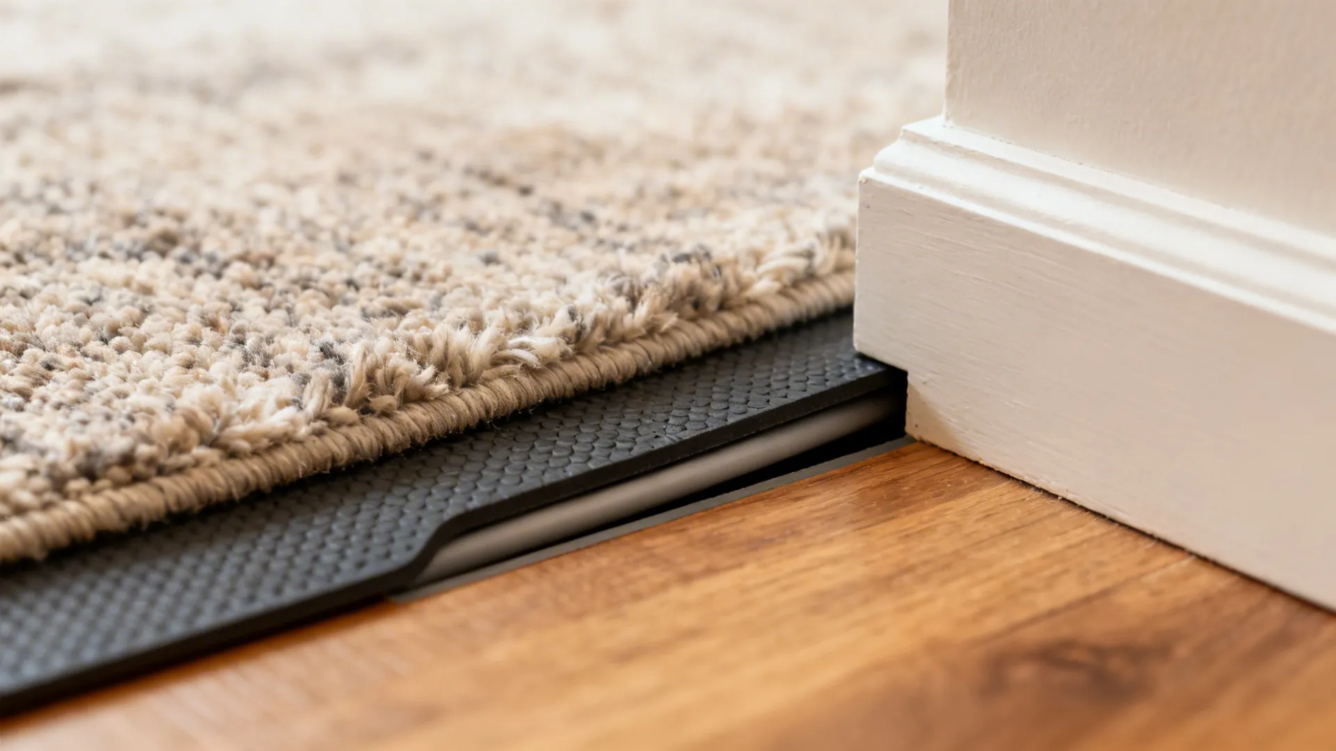 Macro of flat cable under a wool rug with firm pad leading into a plinth slot.
