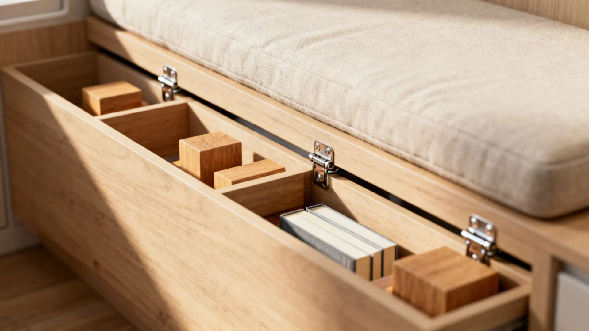 Under-seat bench with narrow compartments for blocks and books, showing gas-hinge detail.