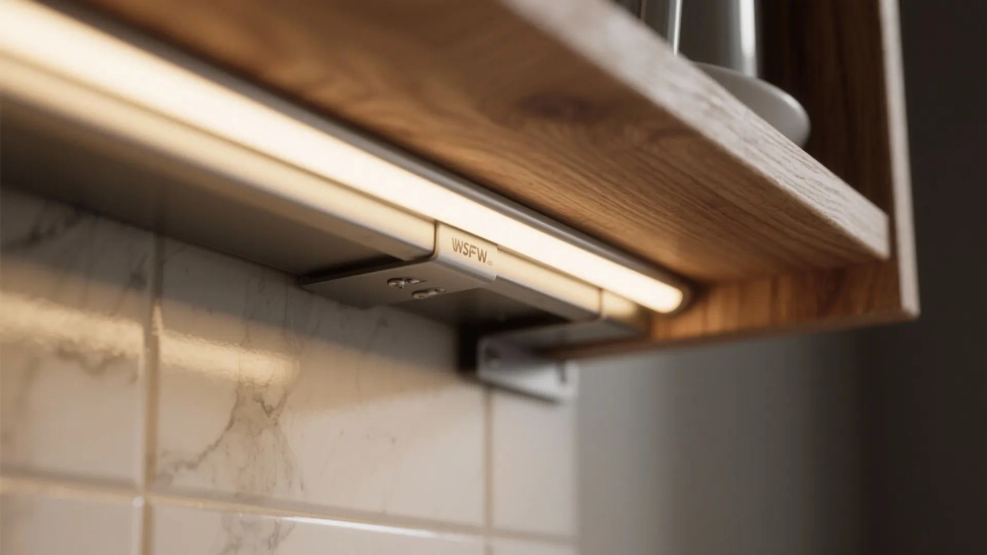 Warm light fixture installed under a wooden cabinet shelf above a white marble tiled wall