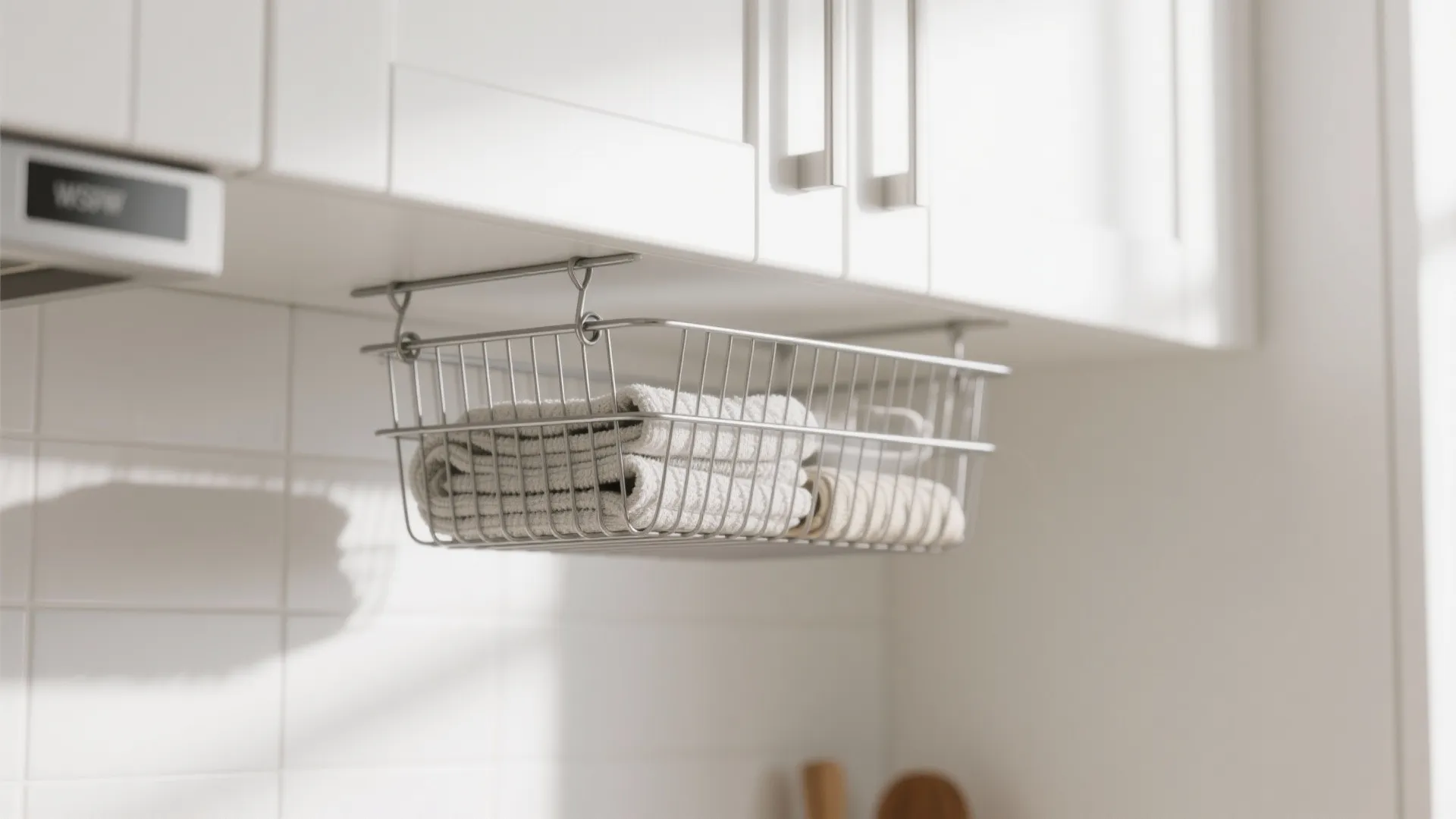 White kitchen cabinet with metal wire basket hanging underneath holding several folded cloth towels inside