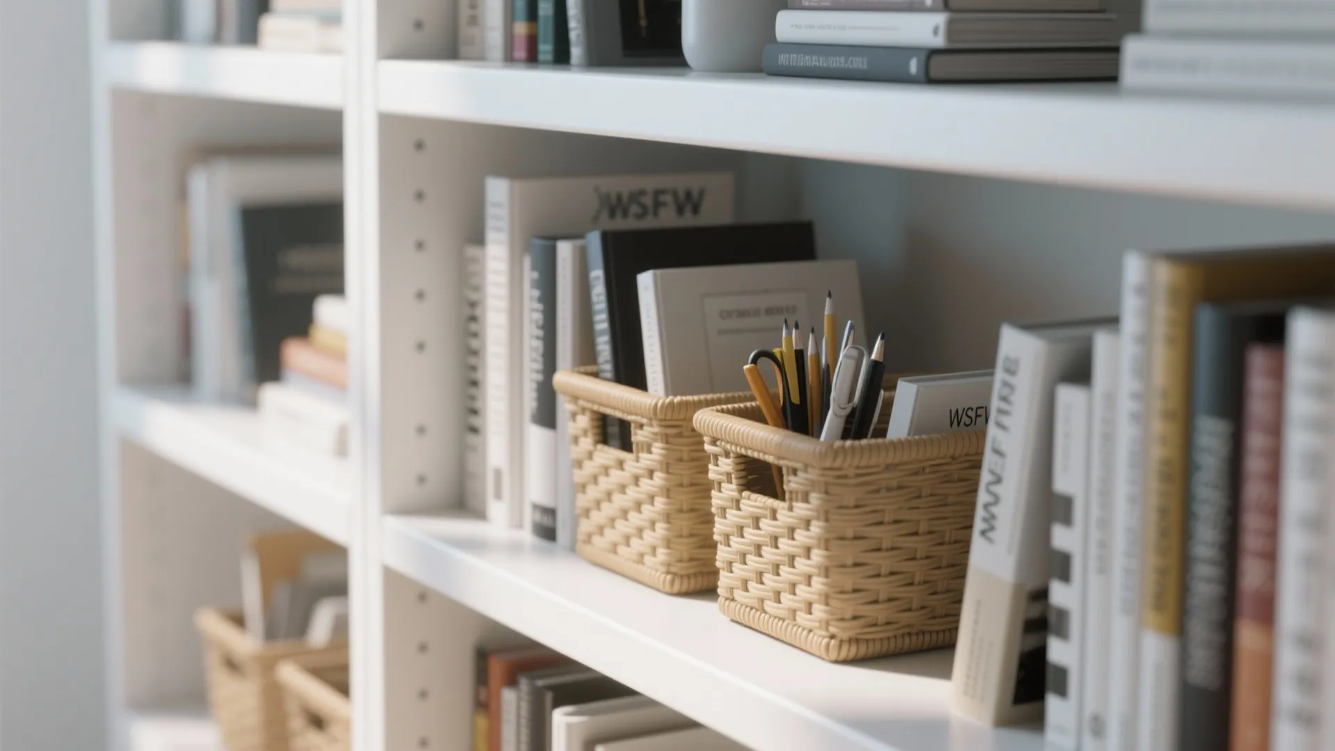 Two small woven storage baskets holding pens and pencils on a white wooden book shelf