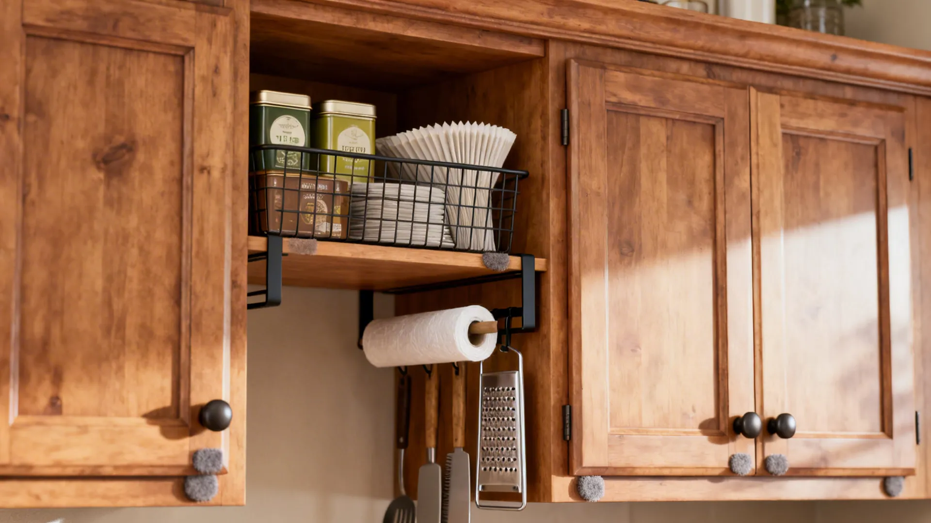 Wooden kitchen cabinet with under shelf wire basket paper towel holder and hanging metal tools