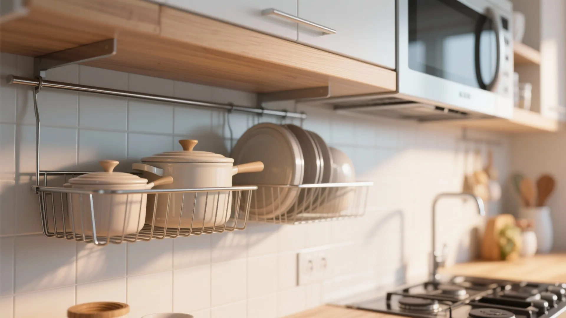Metal wire baskets hanging under wooden shelves holding white pots and plates in bright kitchen