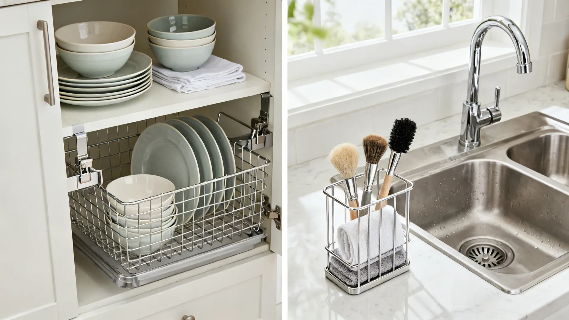 Pull out wire basket inside a white cabinet and a small metal holder near sink