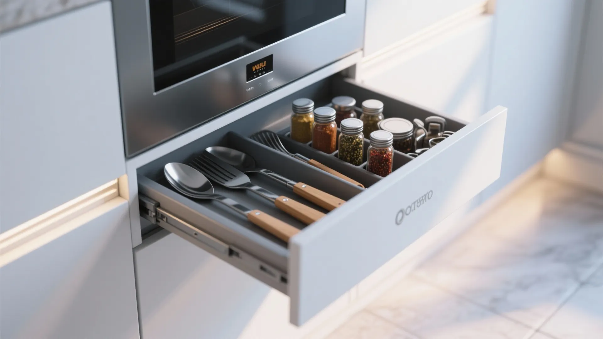 Open white kitchen drawer with grey organizer holding metal spoons forks and glass spice jars inside