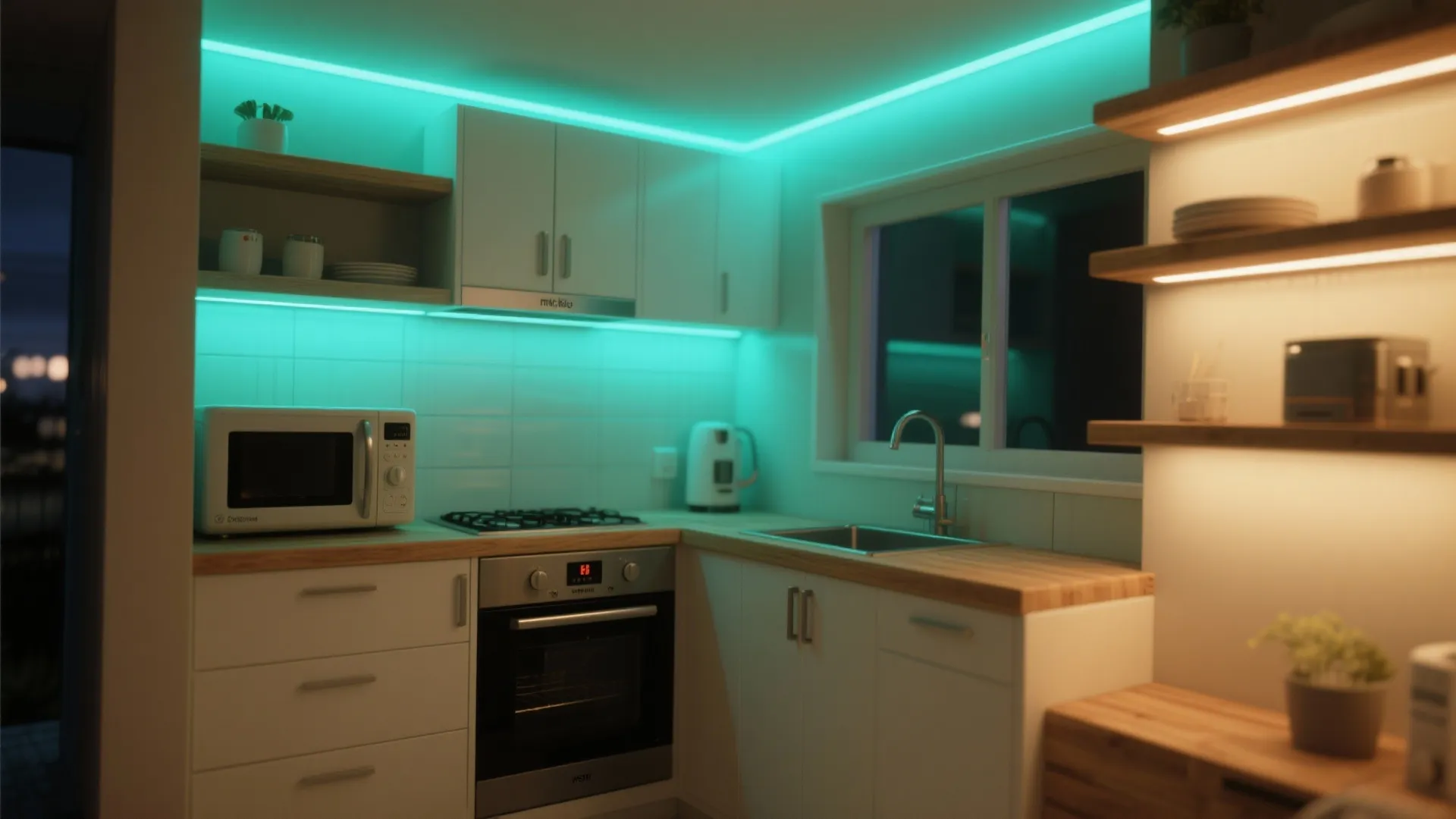 Modern white kitchen with green light strips under cabinets oven microwave and wood counter top design