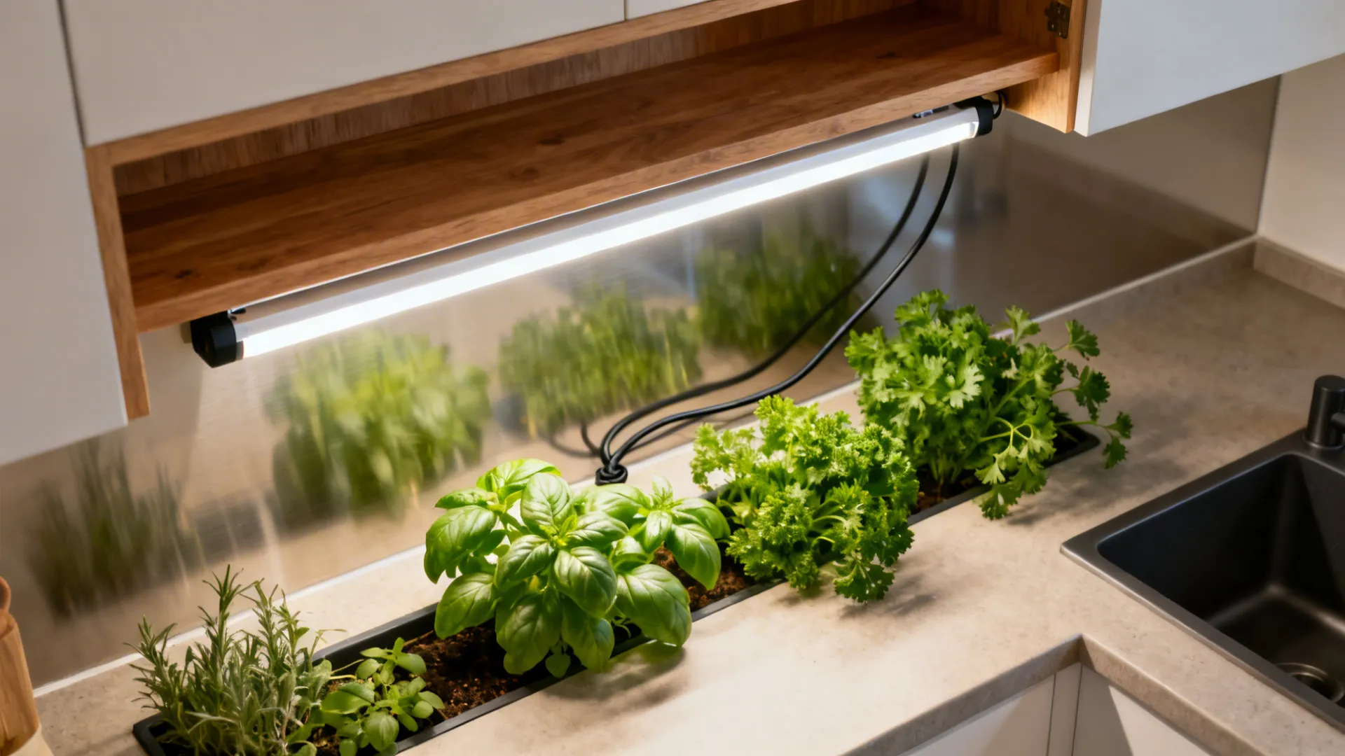 Slim LED grow bar under a shelf casts balanced light onto a tidy row of herbs.