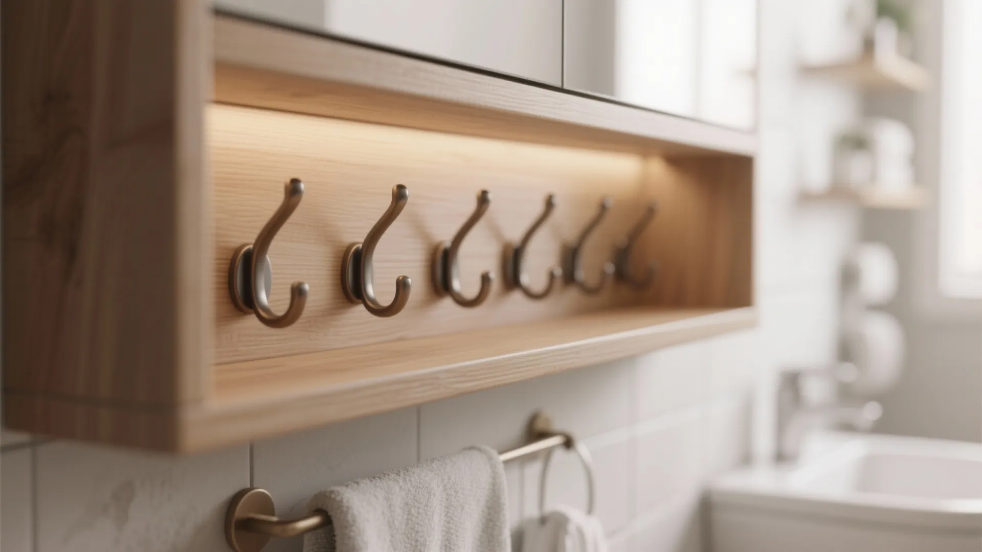 Wooden wall cabinet with gold hooks and light strip showing a white towel and sink