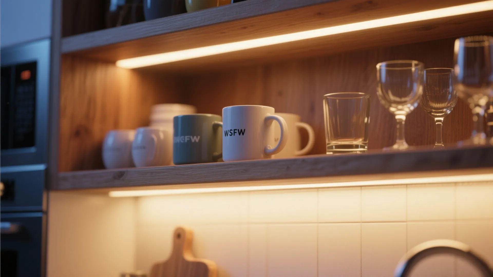 Modern kitchen wooden shelves featuring built-in warm LED light strips with various coffee mugs and glasses
