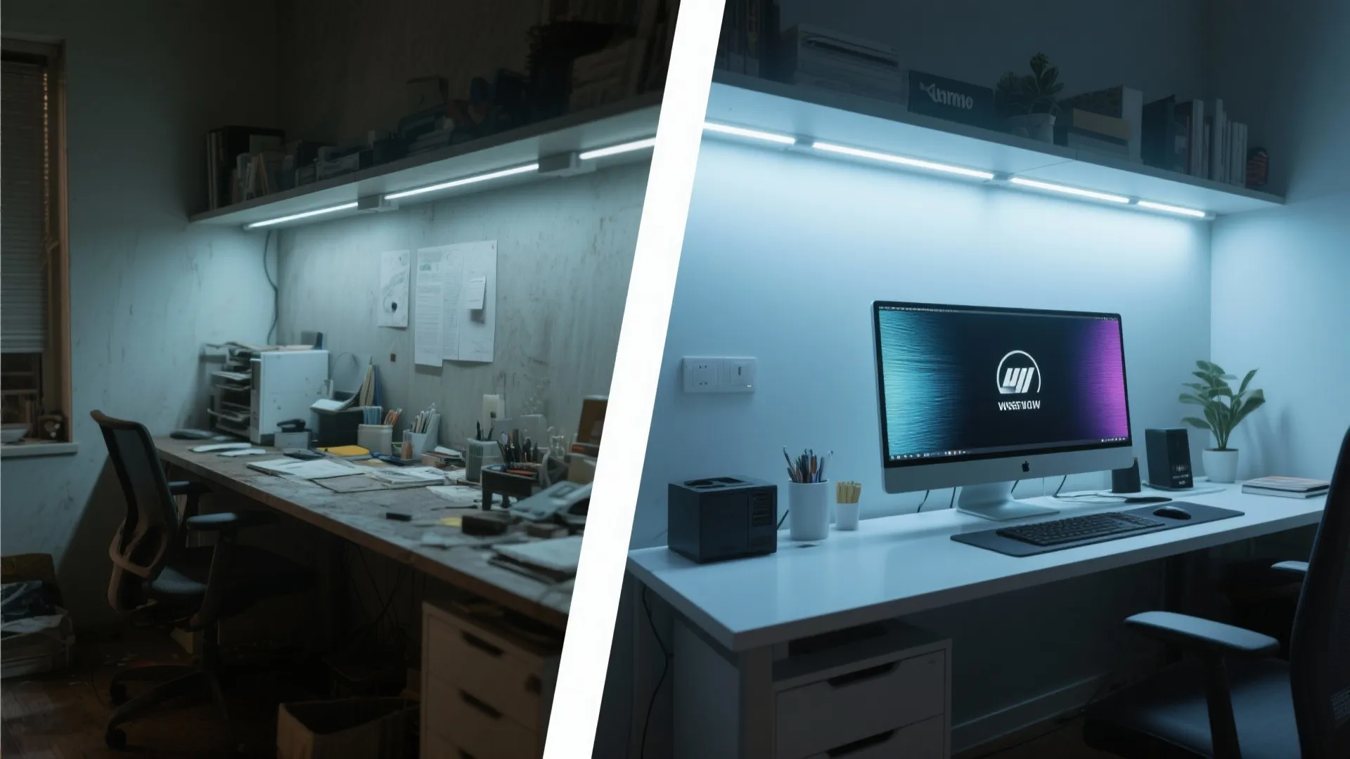 Before and after comparison showing a messy workspace transformed into a clean desk with lights