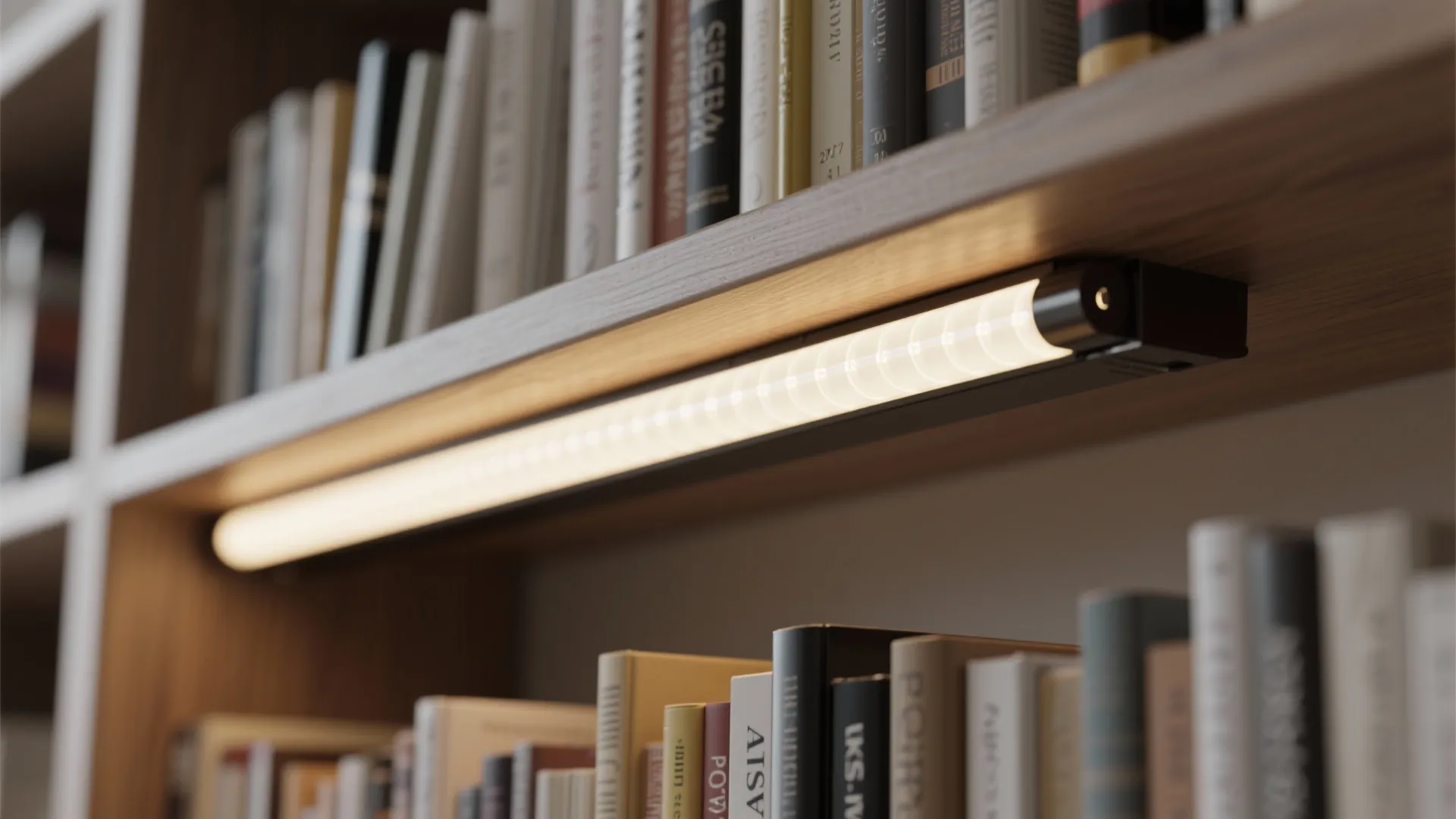 Wooden bookshelf with books and a warm white light fixture attached under a single shelf