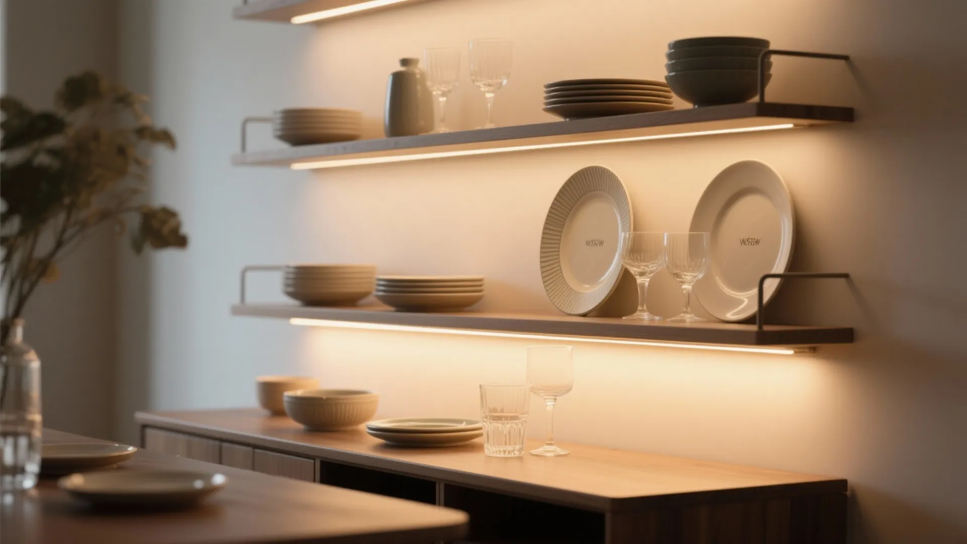 Warm LED strips under shelves highlighting ceramics without glare