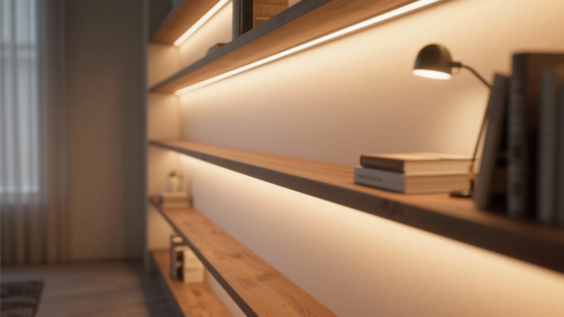 Wooden bookshelves with warm light strips installed underneath featuring books and a small black lamp