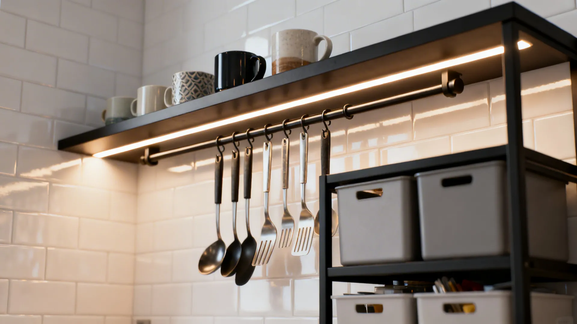 Black kitchen shelf with built-in light fixture above hanging cooking tools and white brick tiles