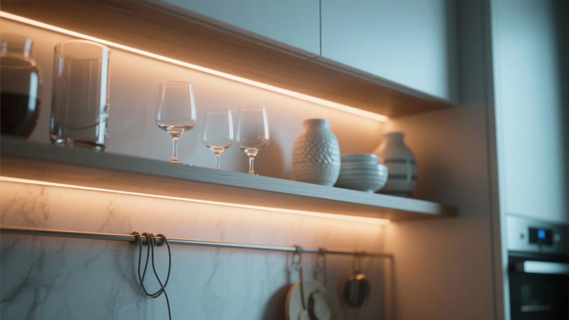 Modern kitchen shelf with warm LED light strip illuminating glass cups and white ceramic vases