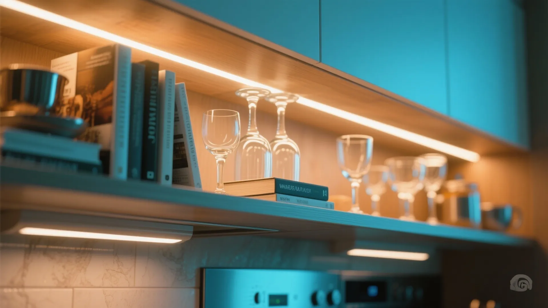 Modern kitchen shelf with warm strip lights illuminating glass cups and books on wooden surface