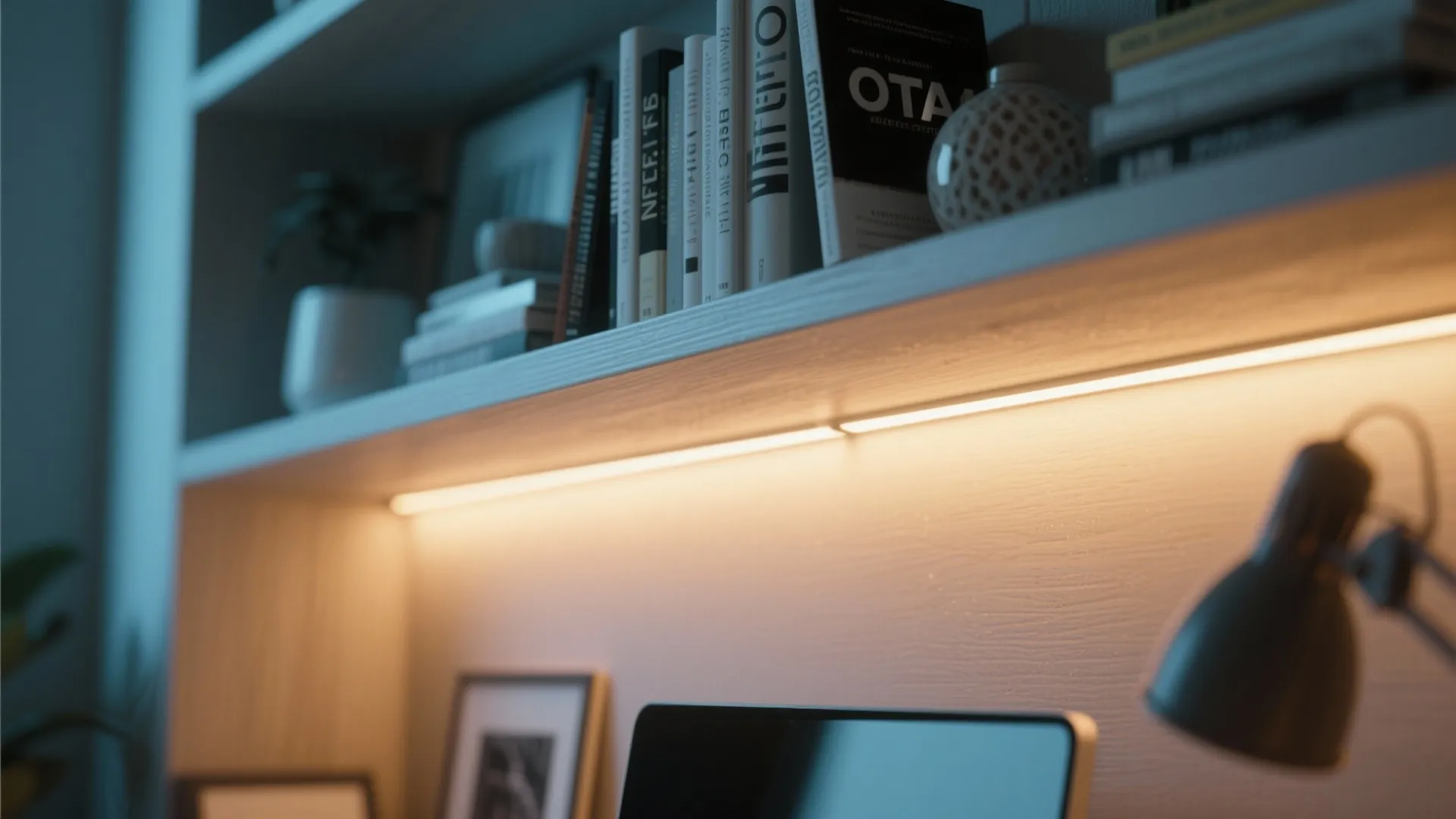 Close up of warm light strip under a white shelf filled with books and decorations
