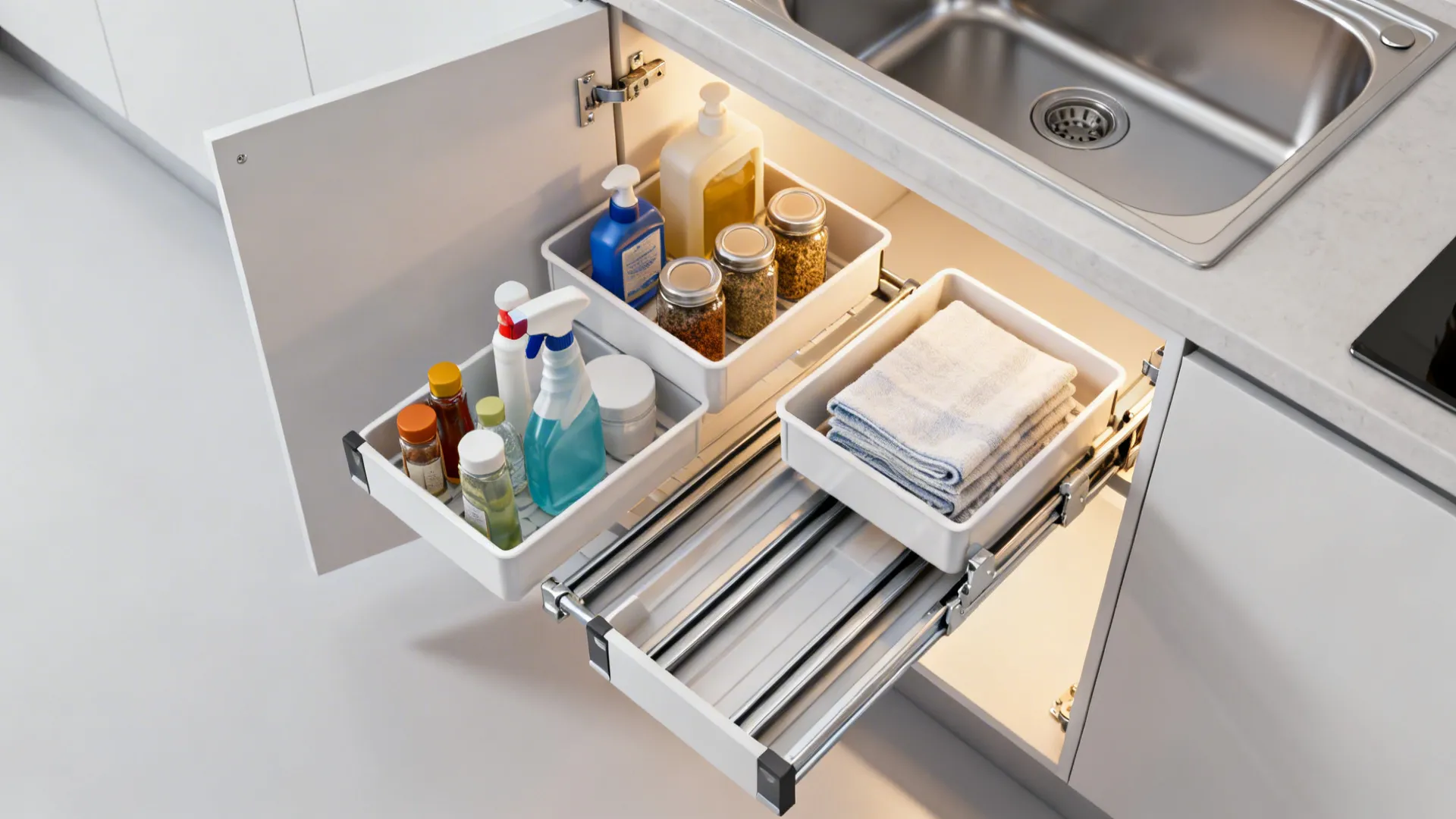 Top-down view of under-shelf pull-out trays storing cleaning supplies and spices