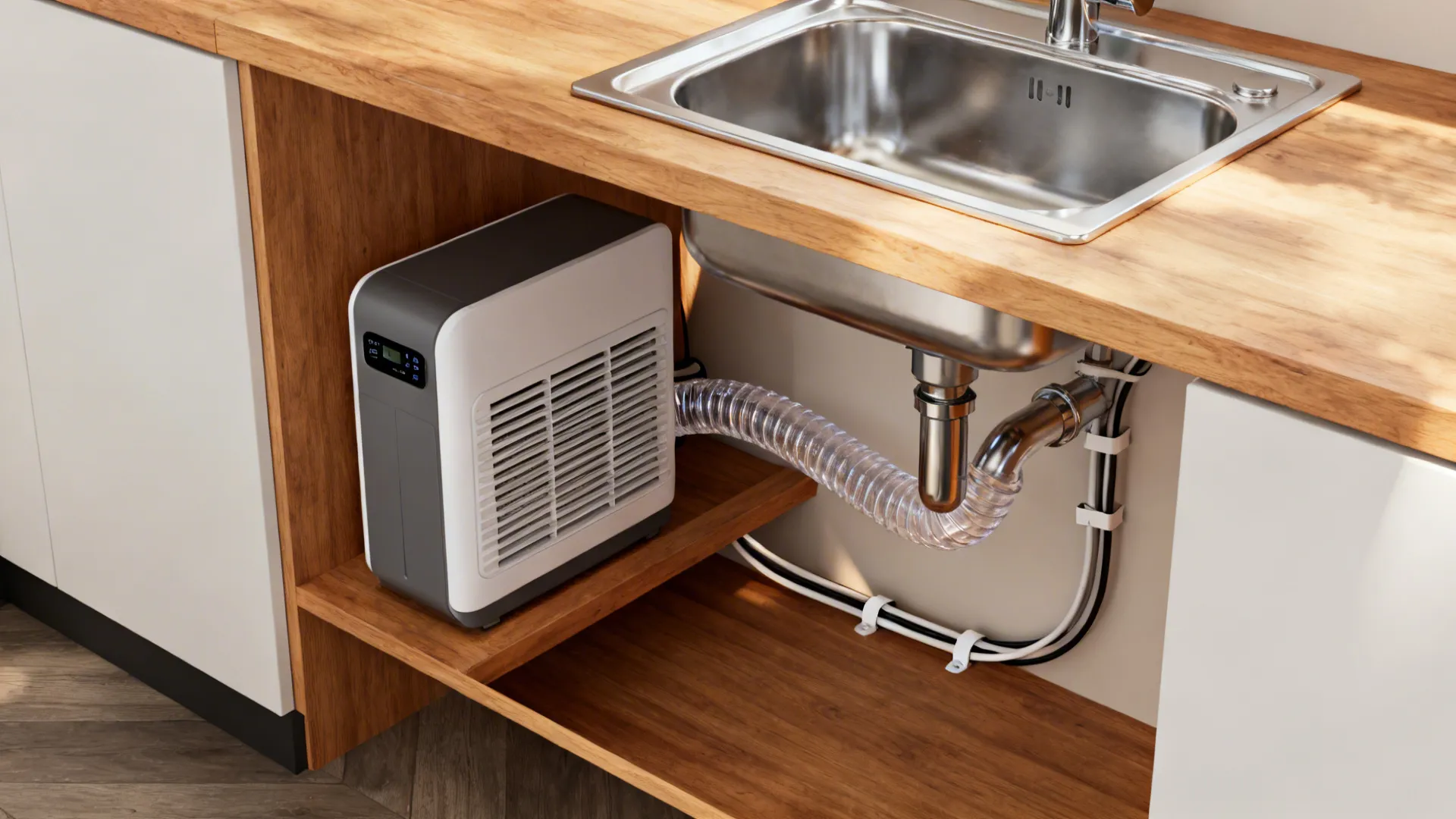 Compact dehumidifier under a shelf with drain hose routed to adjacent kitchen sink trap