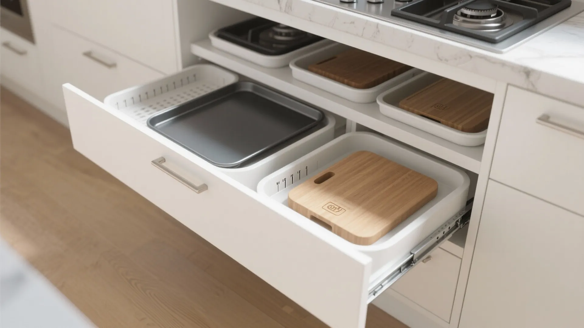 Shallow pull-out drawers under a kitchen sill storing baking sheets and cutting boards with custom inserts.
