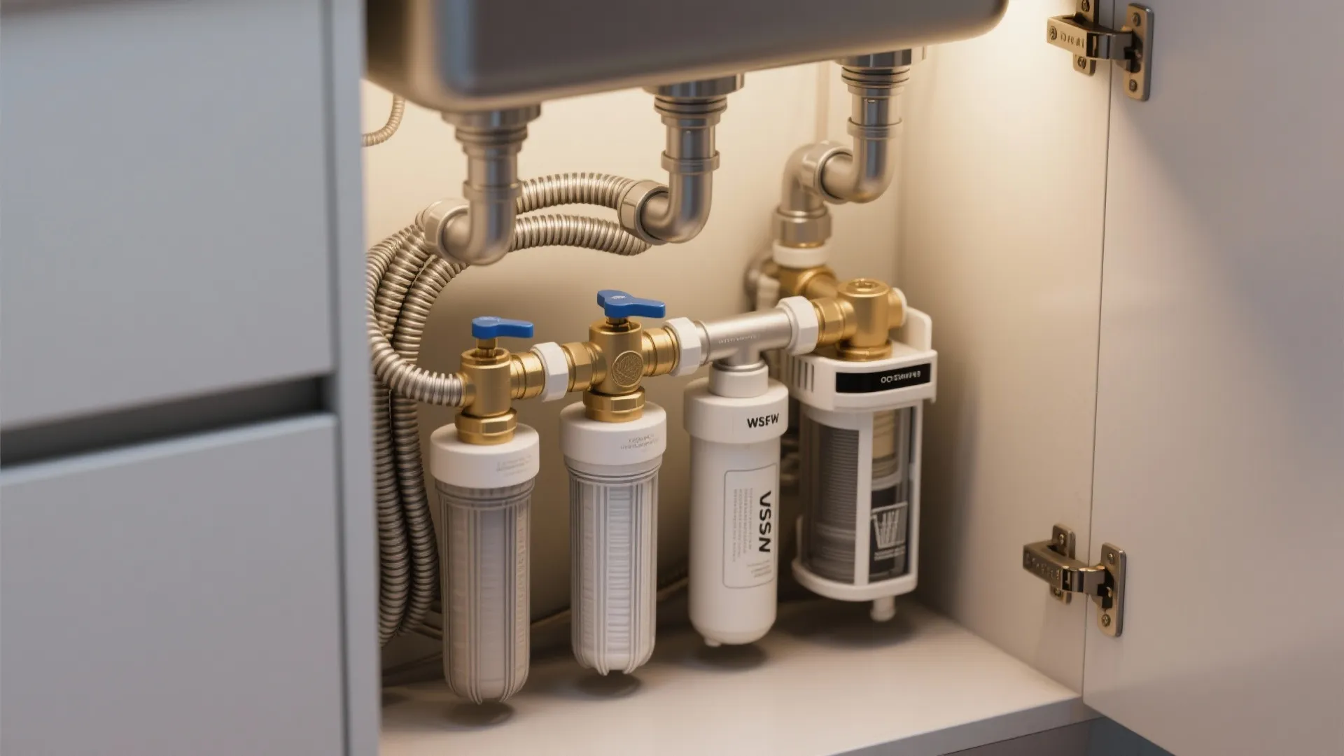 Neat under-sink plumbing with a compact filter cartridge and accessible hoses for a four-hole faucet.