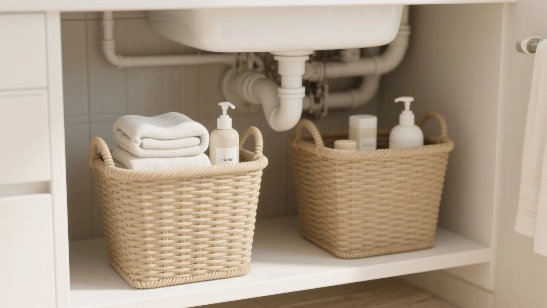 Two woven storage baskets under a white bathroom sink holding folded towels and soap bottles