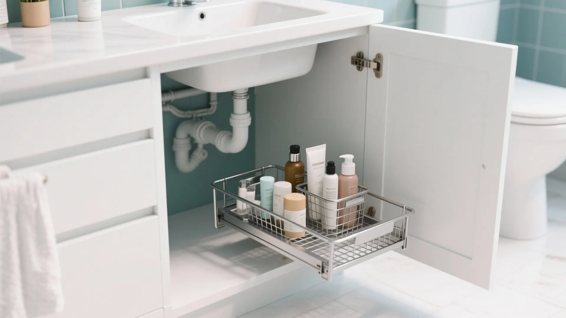 Pull out metal basket drawer under a white bathroom sink holding various bottles and toiletries