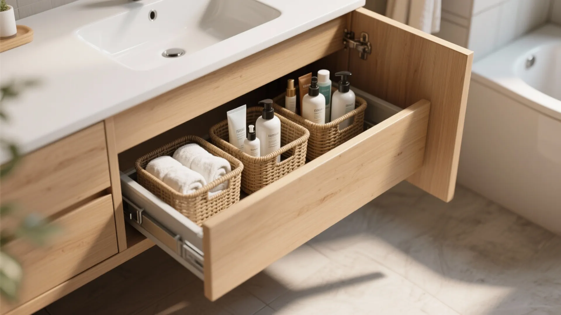 Open wooden bathroom drawer with small woven baskets holding white towels and various bottled skin products