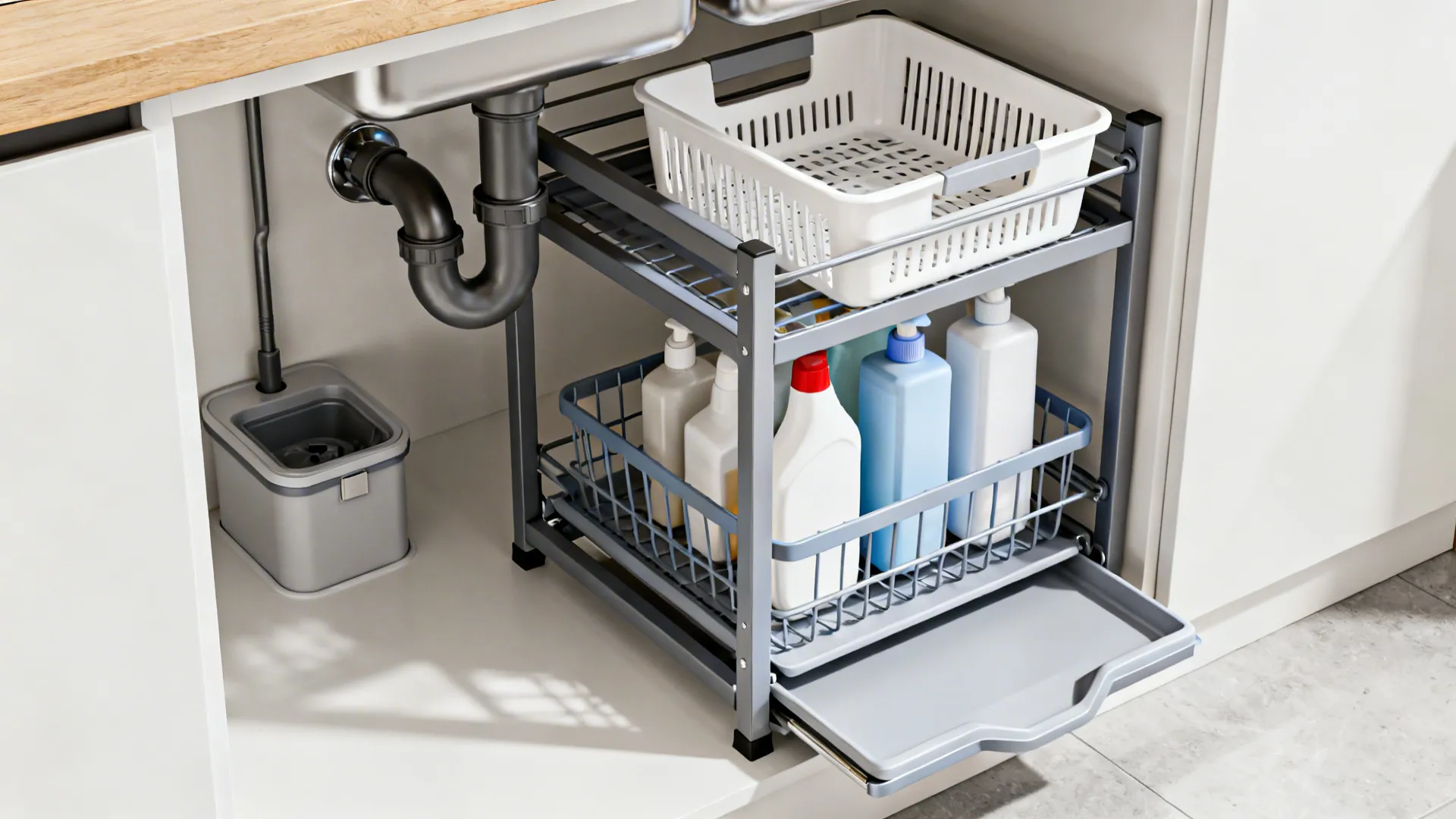 Under sink storage organizer with two tiers pull out metal rack and various cleaning bottles