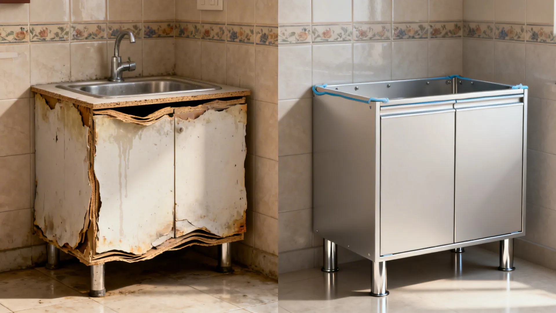 Before and after showing a water damaged wooden cabinet replaced by a new metal cabinet