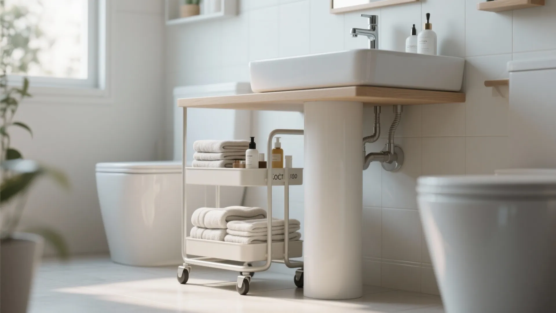 White rolling storage cart with towels and bottles placed under a wooden bathroom sink counter