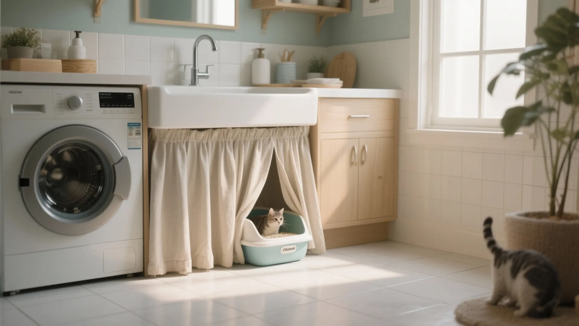 White bathroom sink with cream curtain hiding a catbox next to a modern washing machine