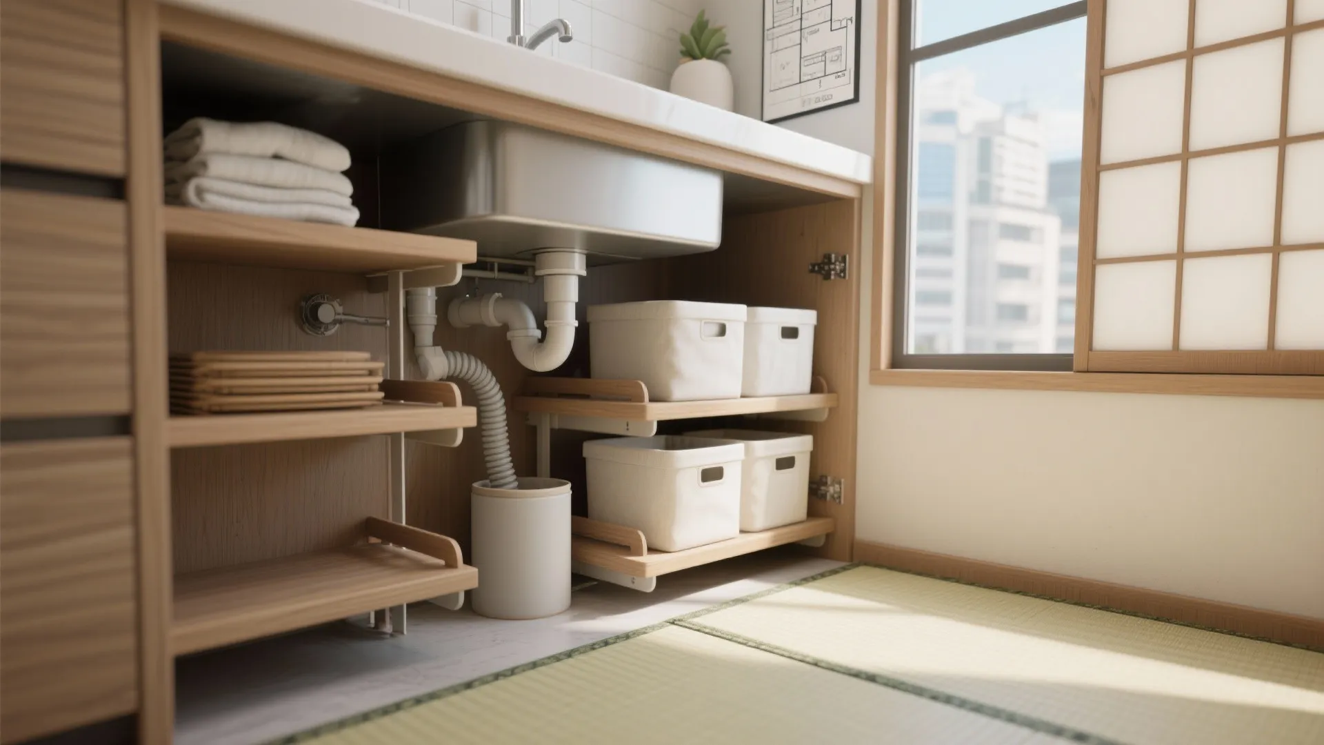 ミニマム傾斜の棚と配管スペース：日式風格で“見せない”が機能する