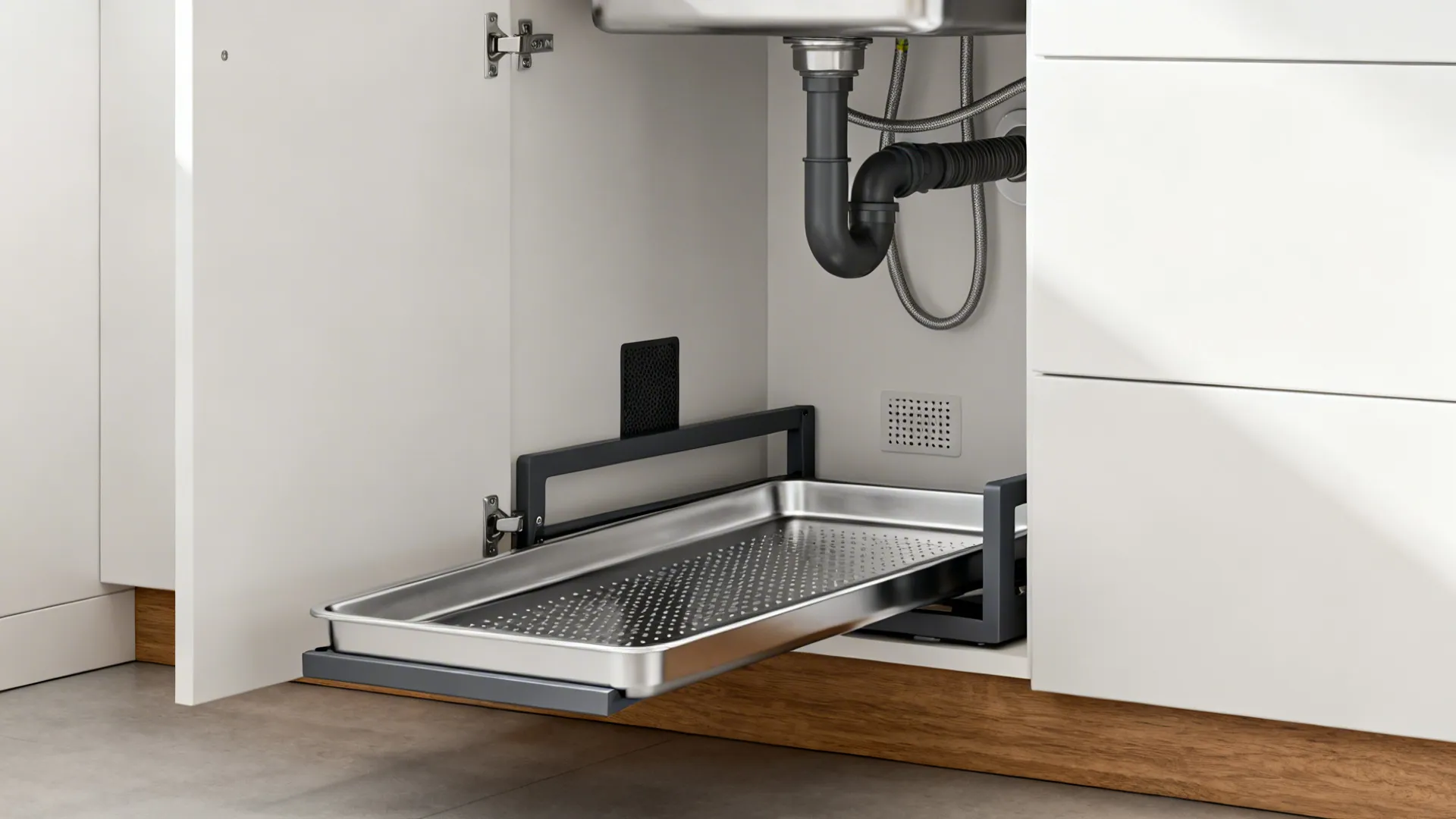 Under-sink pull-out dish cradle with sloped perforated tray and neat plumbing.
