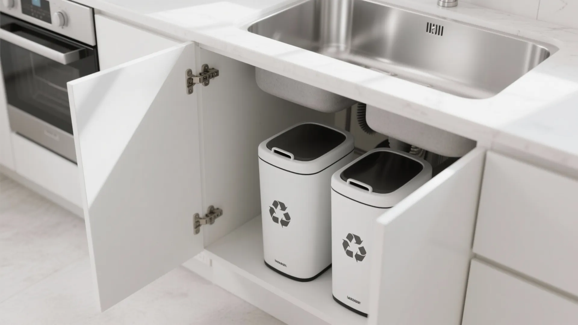 Under-sink cabinet with two bins for trash and recycling