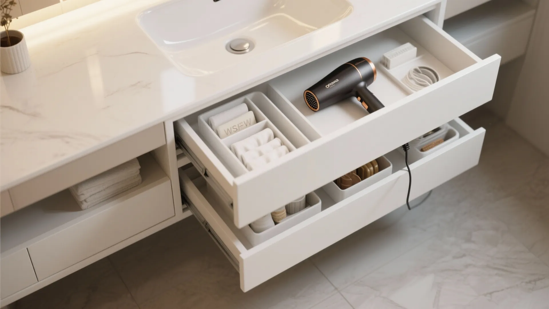 Open white bathroom cabinet drawer with organizers holding black hair dryer and rolled white towels