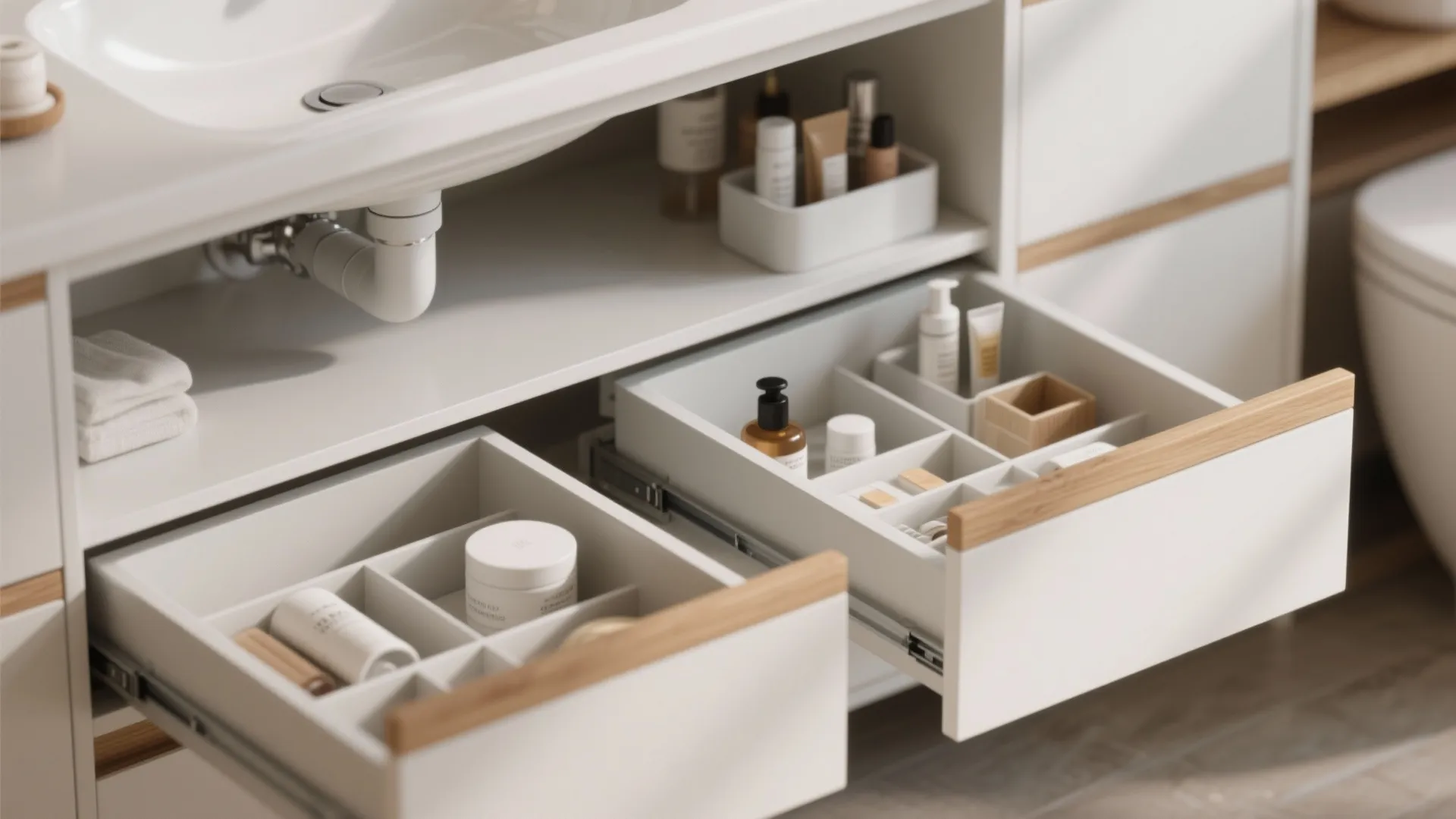 Modern white bathroom cabinet with open drawers showing organized skincare products and small storage boxes inside