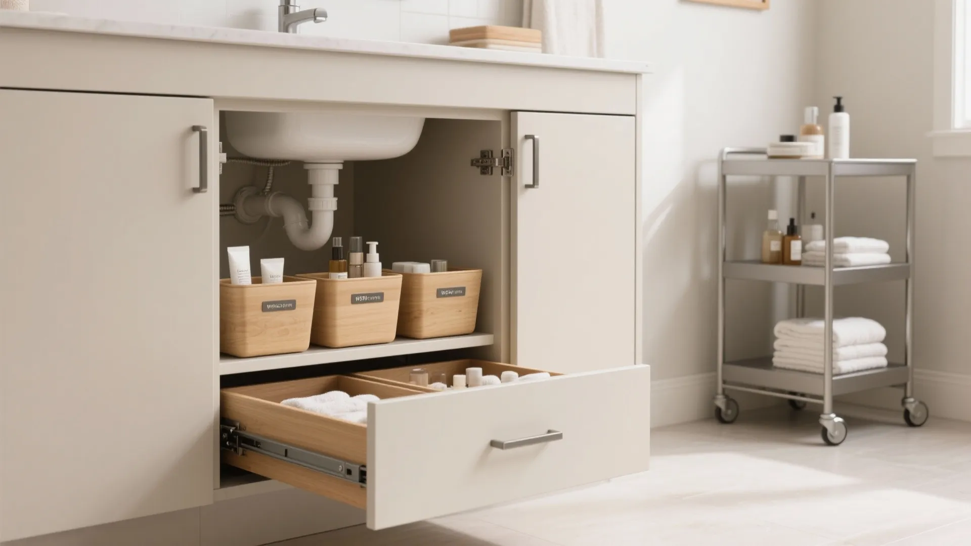 5) Under-Sink Rack Drawers + Slim Rolling Cart