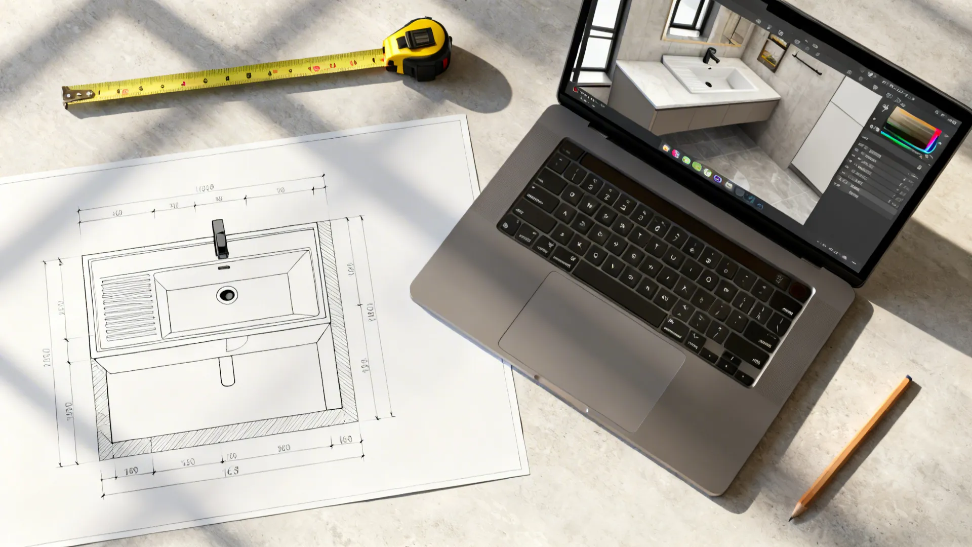 Top-down view of an under-sink floor plan mockup on paper and a 3D preview on a laptop screen.