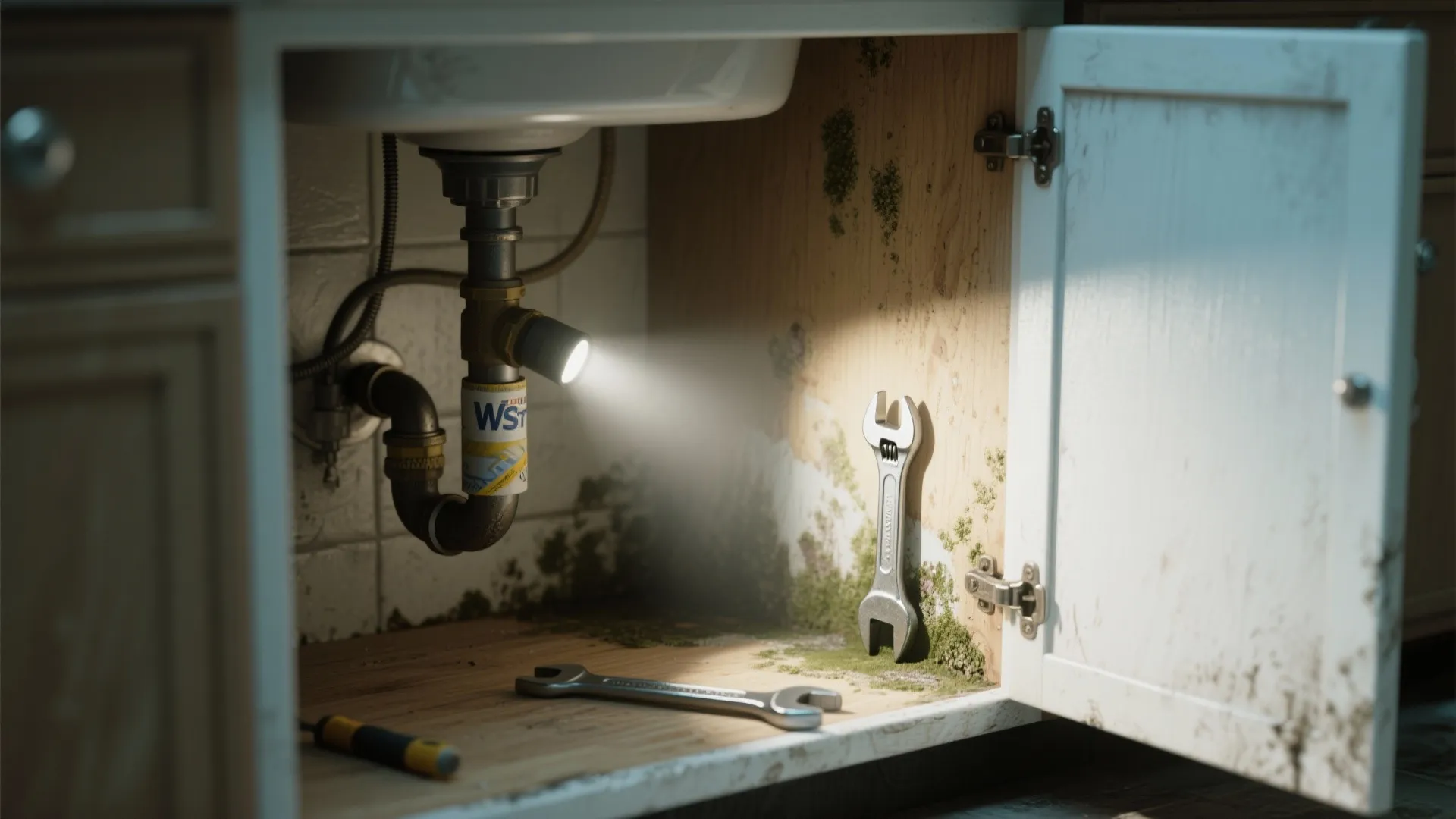 Inspection under a sink cabinet showing damp plywood and early mold spots near plumbing connections.
