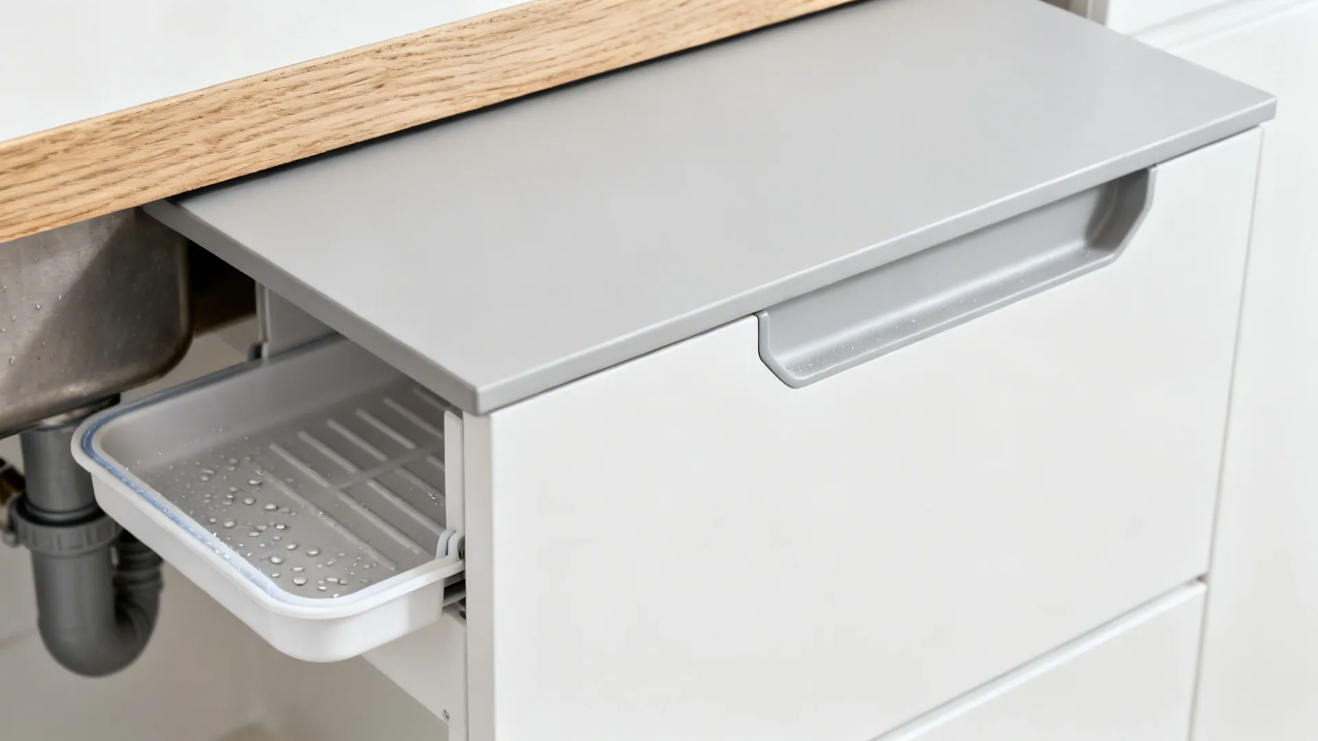 Close-up of moisture-resistant plywood and drip tray details beneath the sink.