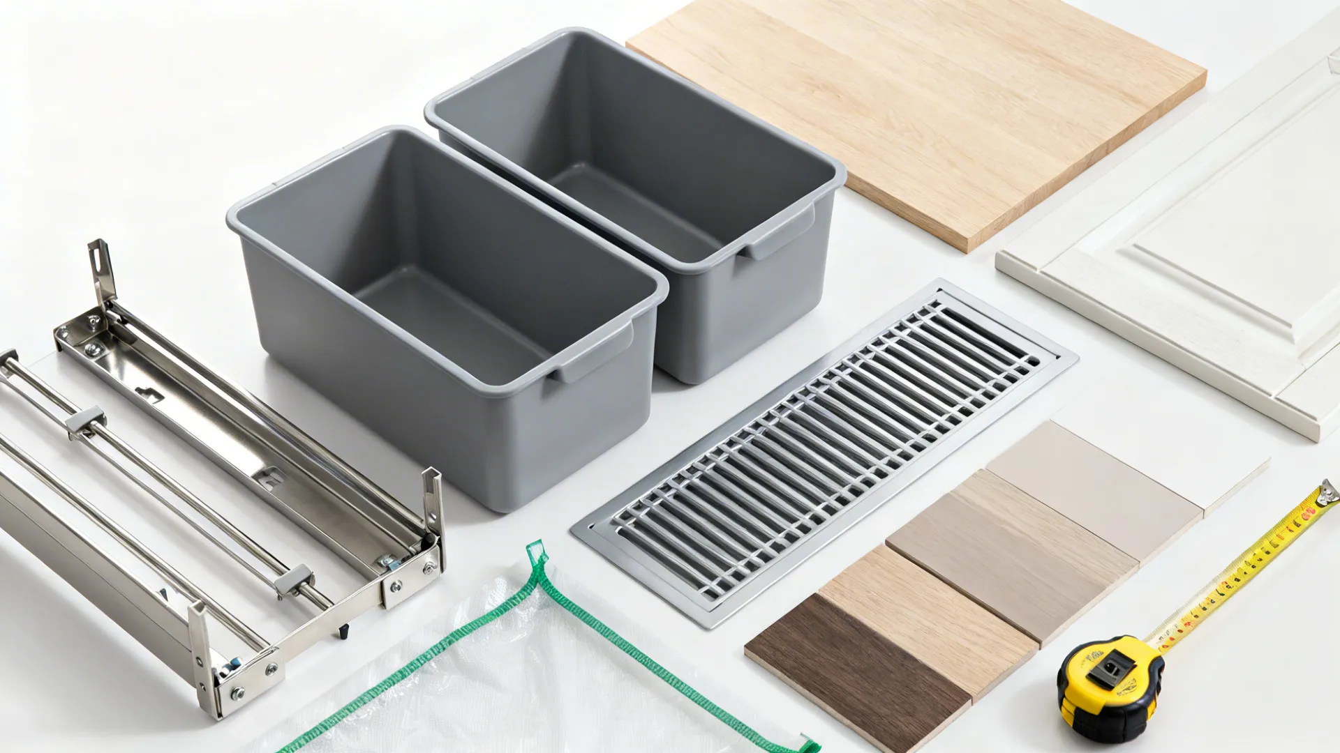 Flatlay of pull-out bin components and cabinetry samples for an under-sink installation.