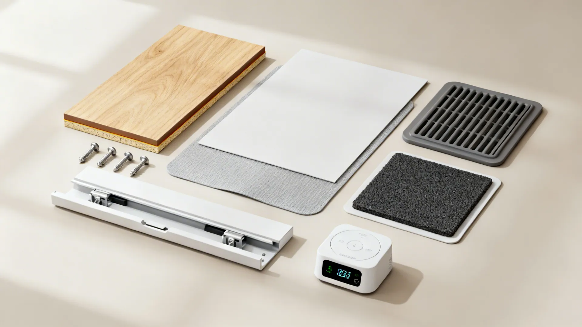 Kitchen cabinet installation parts with wood board, screws, track, grey grate, and small electronic device