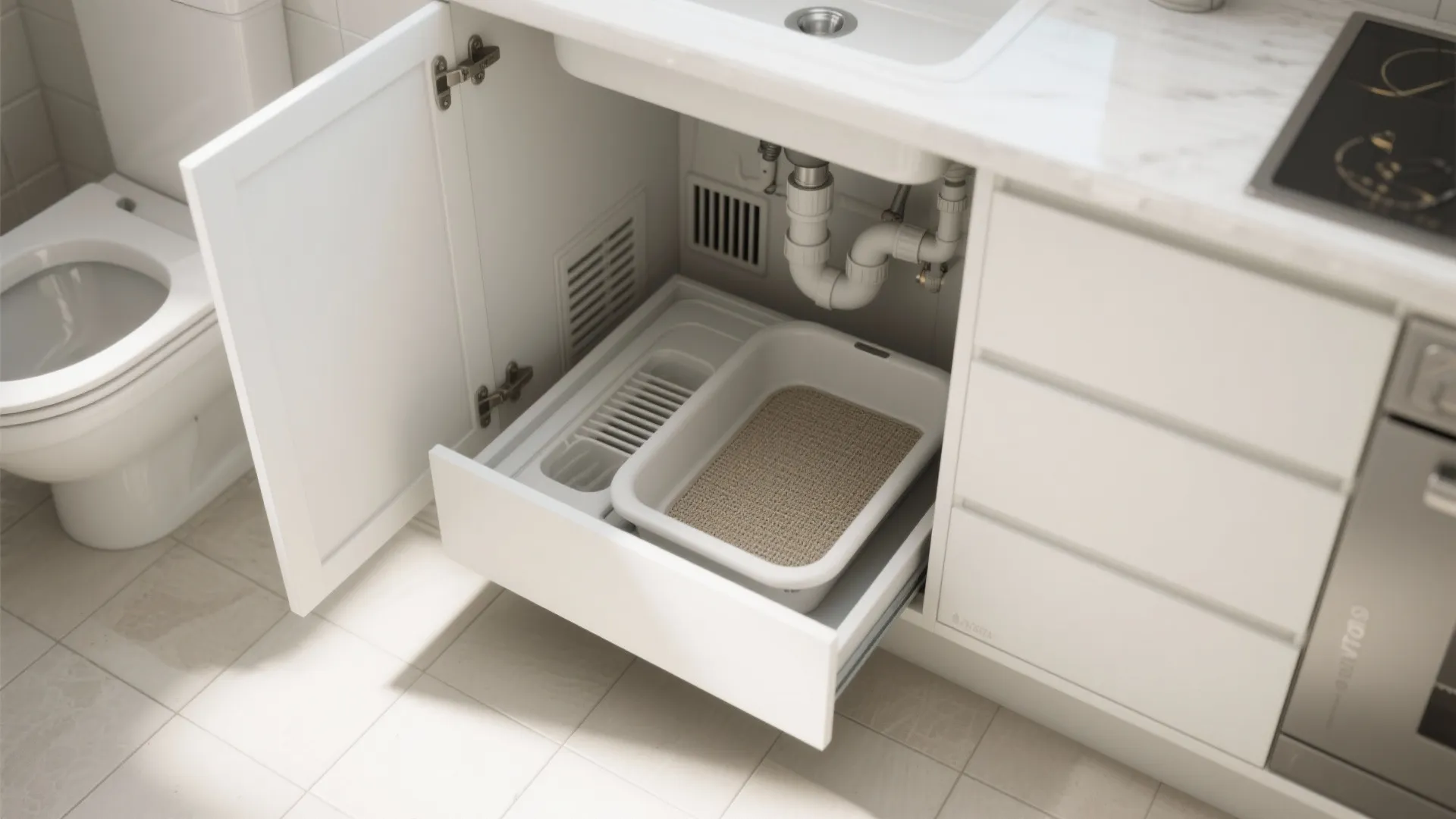 Top-down view of an under-sink drawer-style litter nook with a pull-out mat and small exhaust grill.