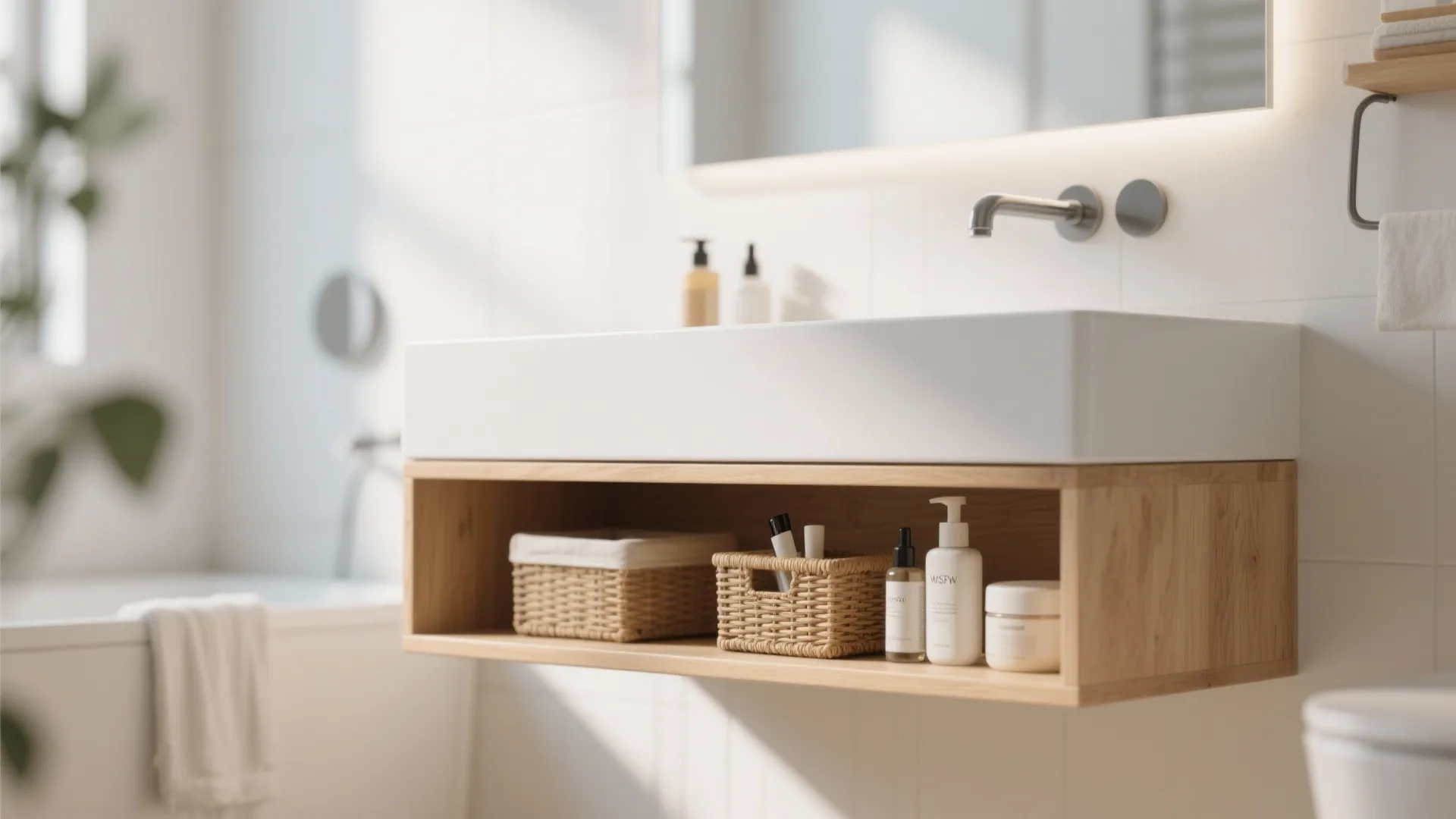 Minimalist white bathroom sink with wooden open shelf storage containing small baskets and skincare bottles