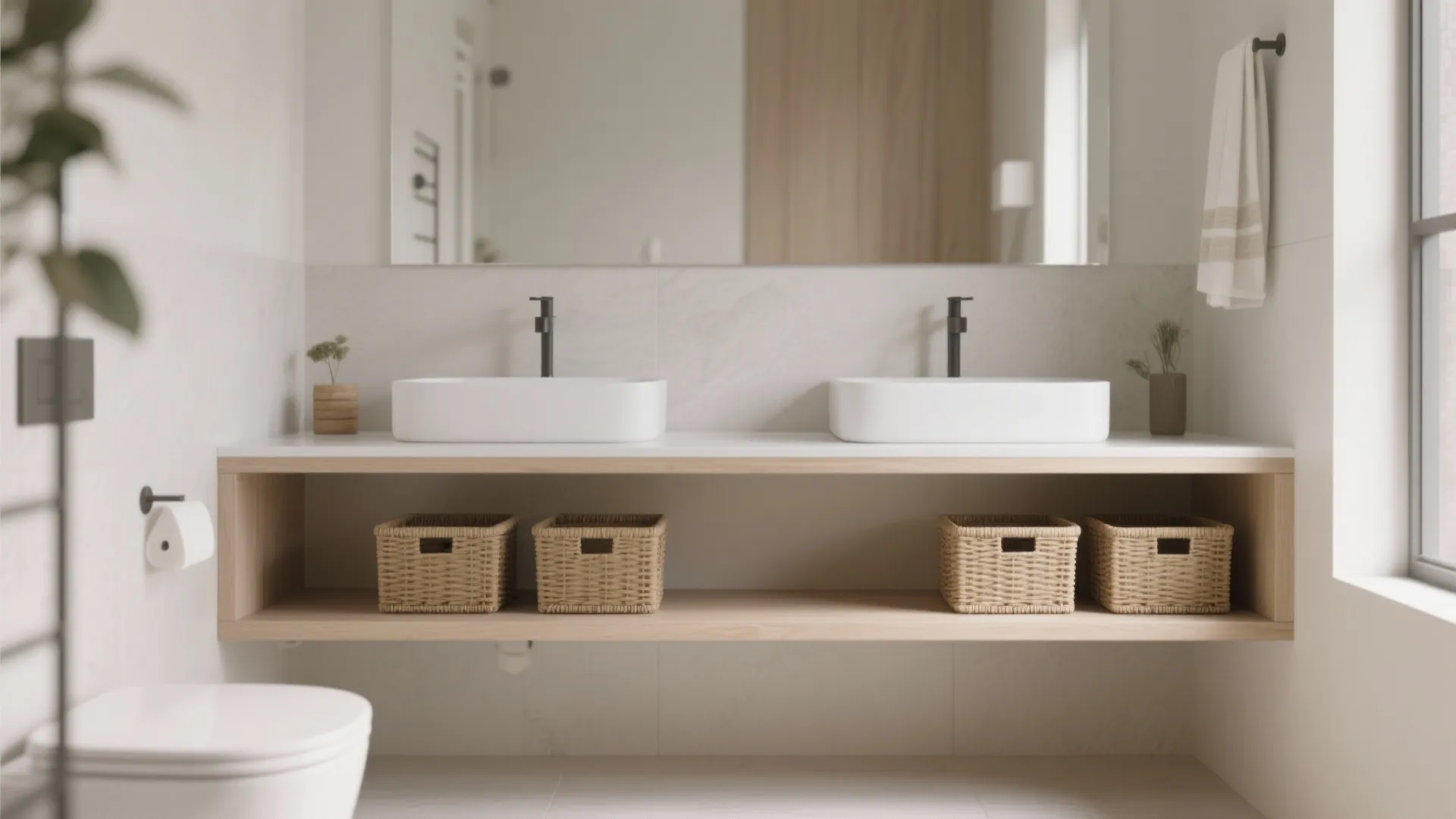 Double bathroom sinks on white counter with open wooden shelf holding four woven storage baskets underneath