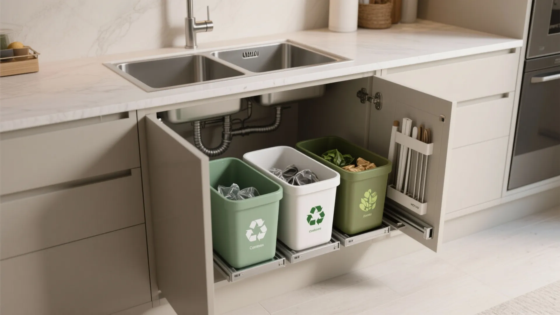 Kitchen cabinet storage showing three colored recycling bins under a double stainless steel sink area