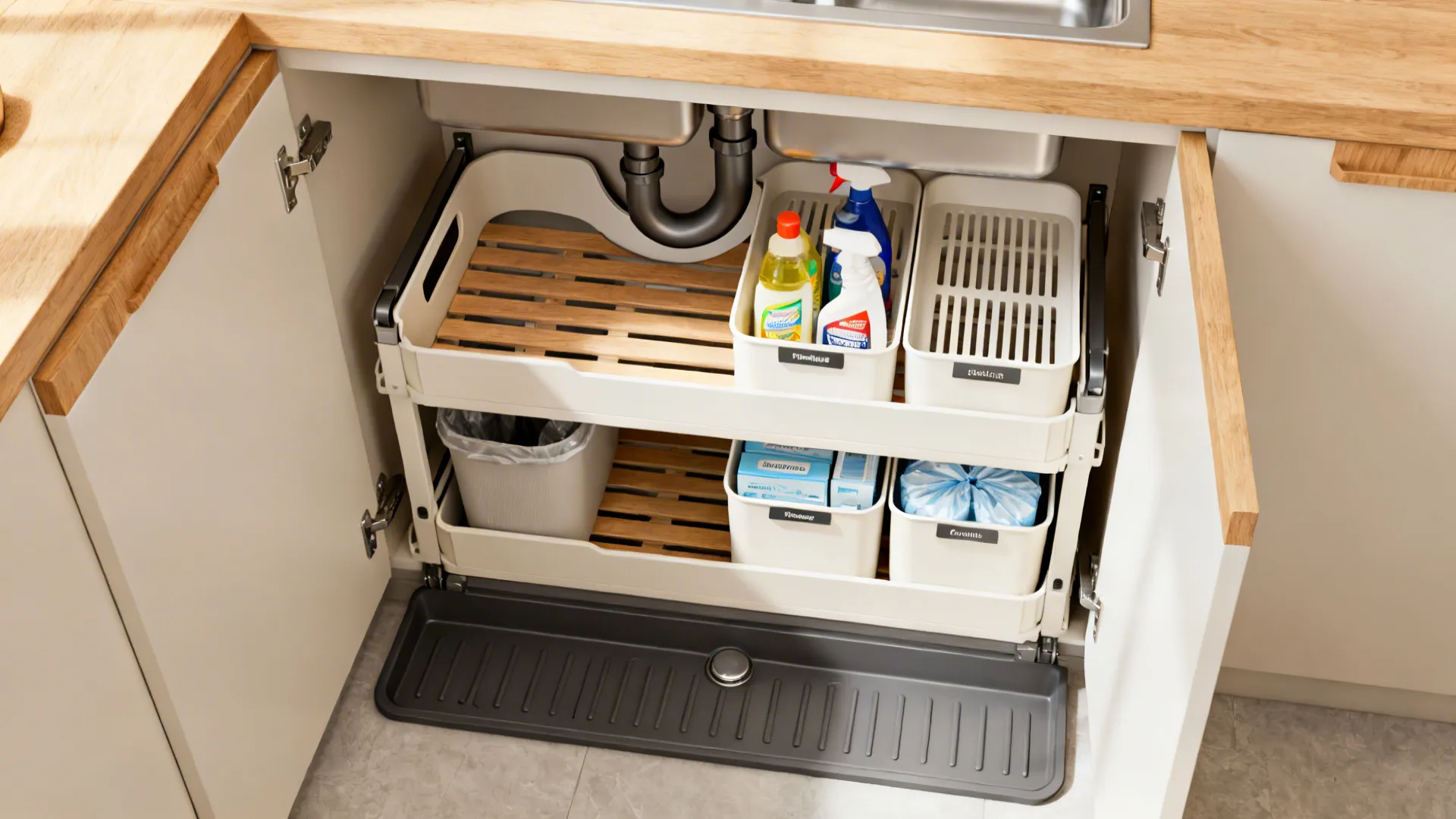 Top-down view of a two-tier U-cutout under-sink organizer with slatted shelves and vented bins.