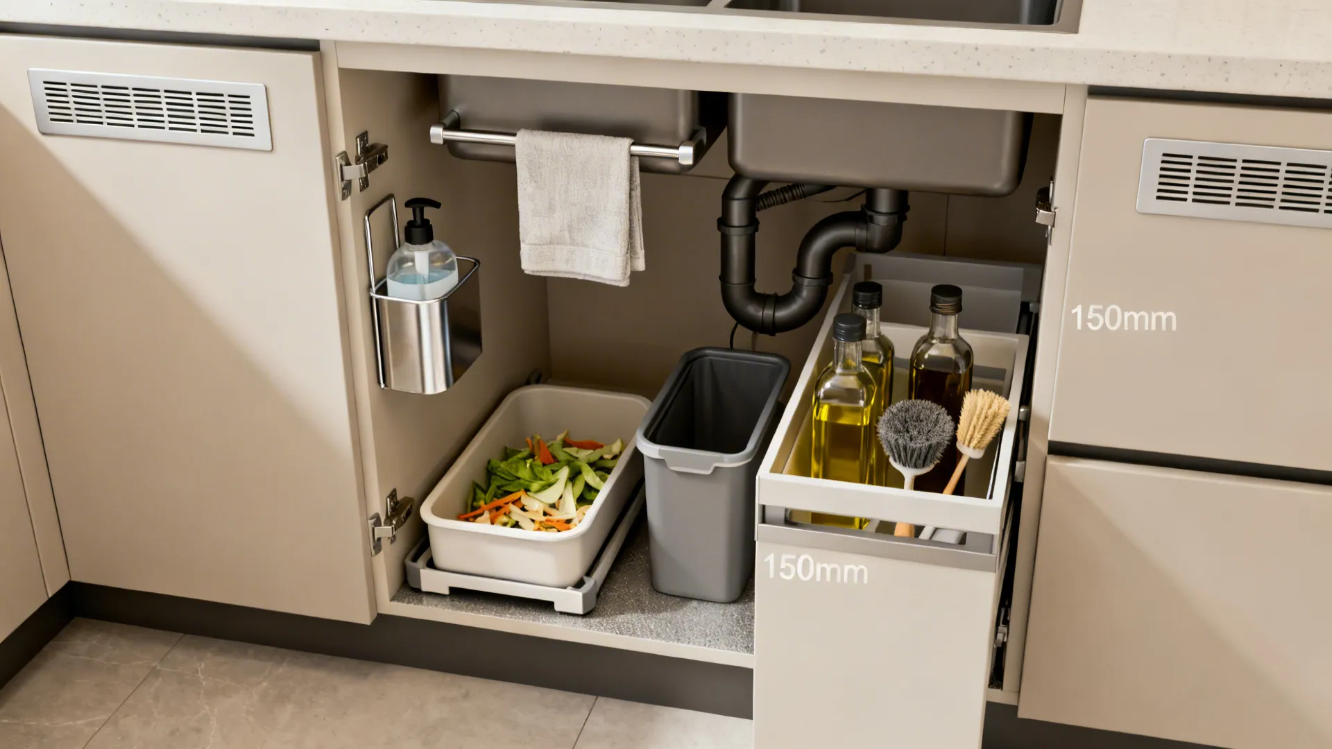 Under-sink U-shaped pull-out with bin, caddy, towel rail and adjacent narrow pull-out for oils.