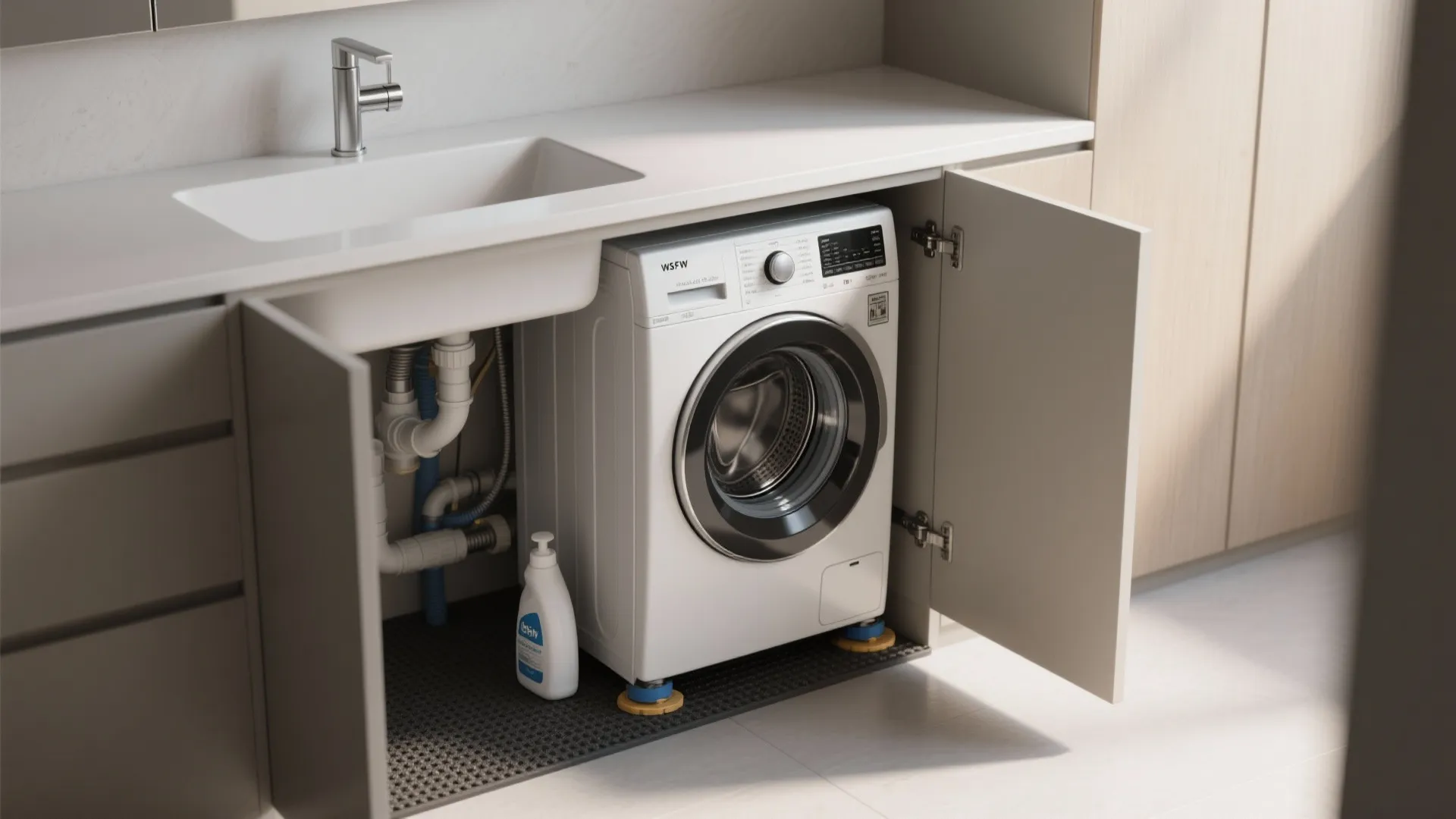 White washing machine installed inside an open grey cabinet under a modern white bathroom sink